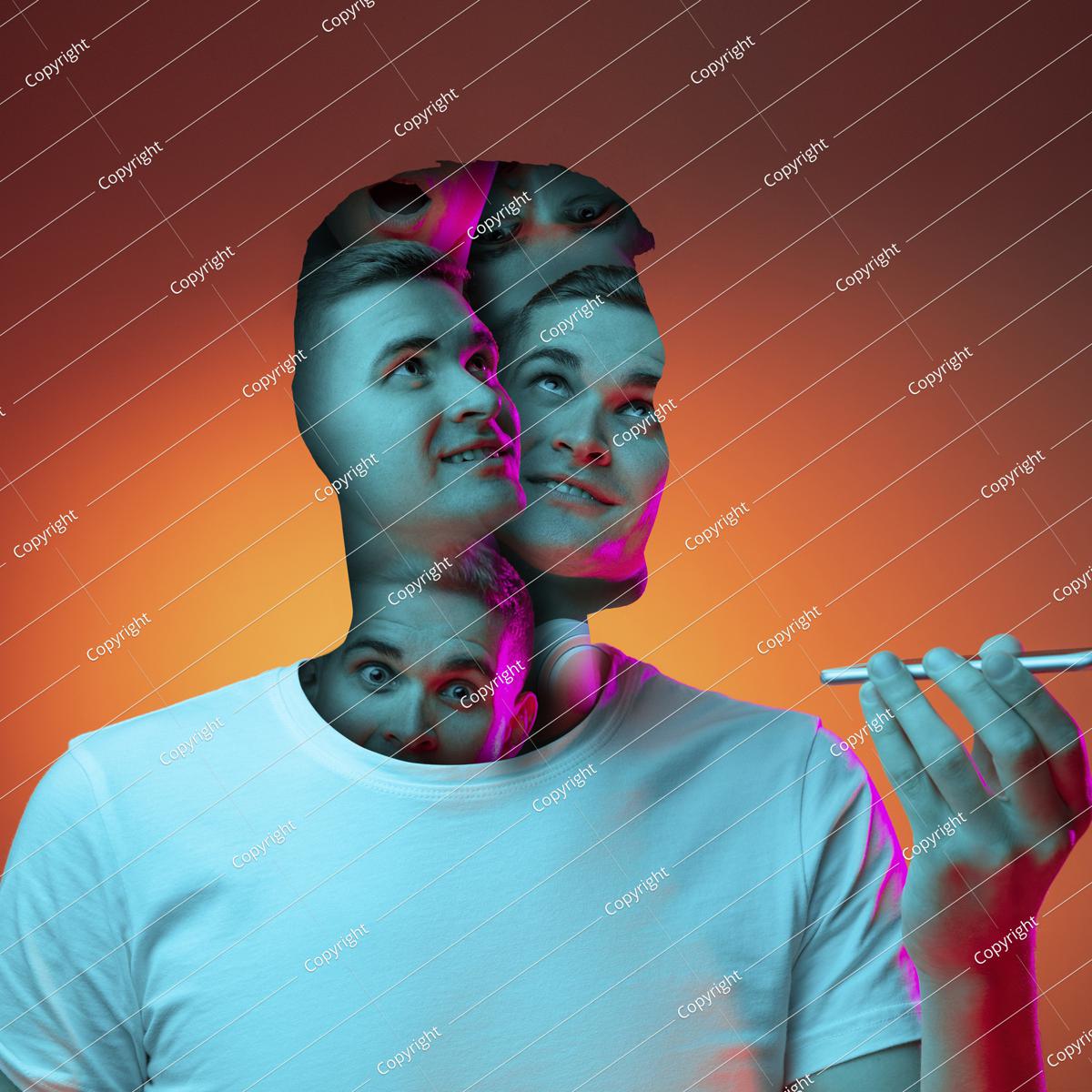 Conceptual Image With Crazy Portraits Of Young Man With Mental